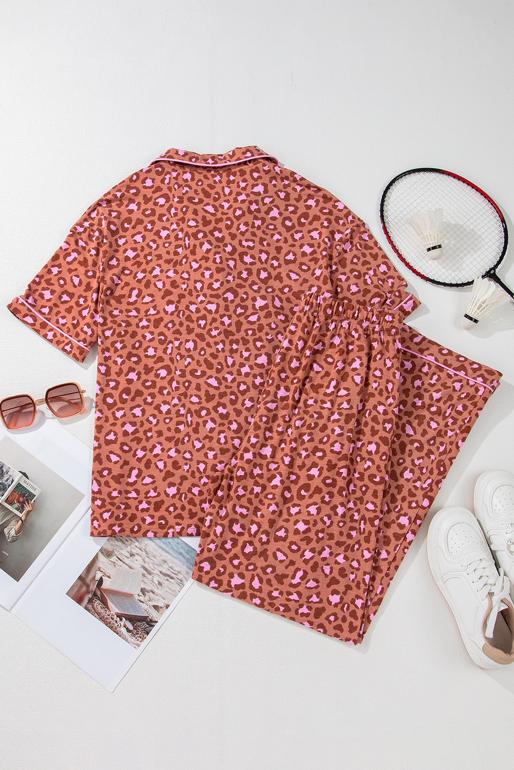 Brown Leopard Print Short Sleeve Shirt and Pants Pajamas Set - Image 7