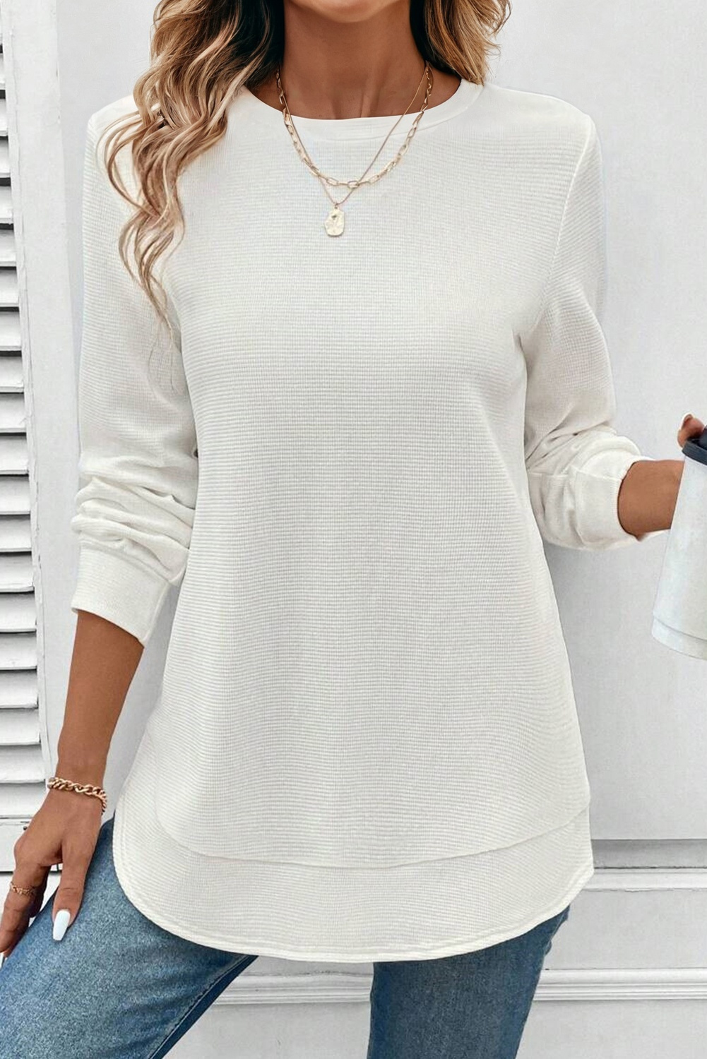White Rounded Hem Waffle Long Sleeve Top - Image 4