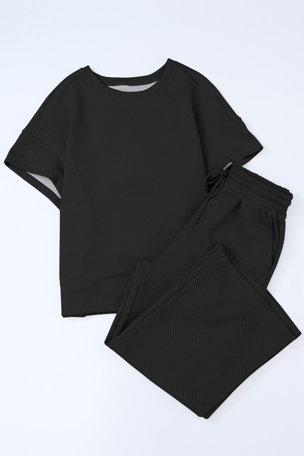 Black Textured Loose Fit T Shirt and Drawstring Pants Set - Image 6