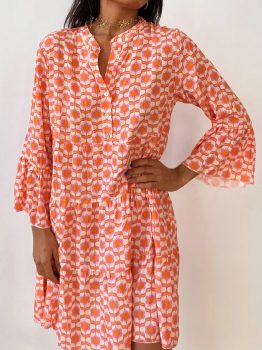 Orange Floral Print Flounce Sleeve Buttoned Front Mini Dress