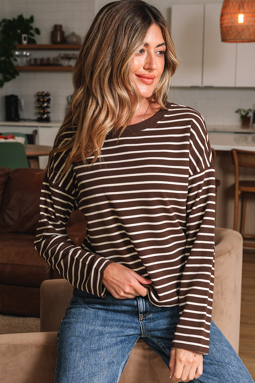 Brown Stripe Ribbed Cropped Crew Neck Long Sleeve T Shirt - Image 4