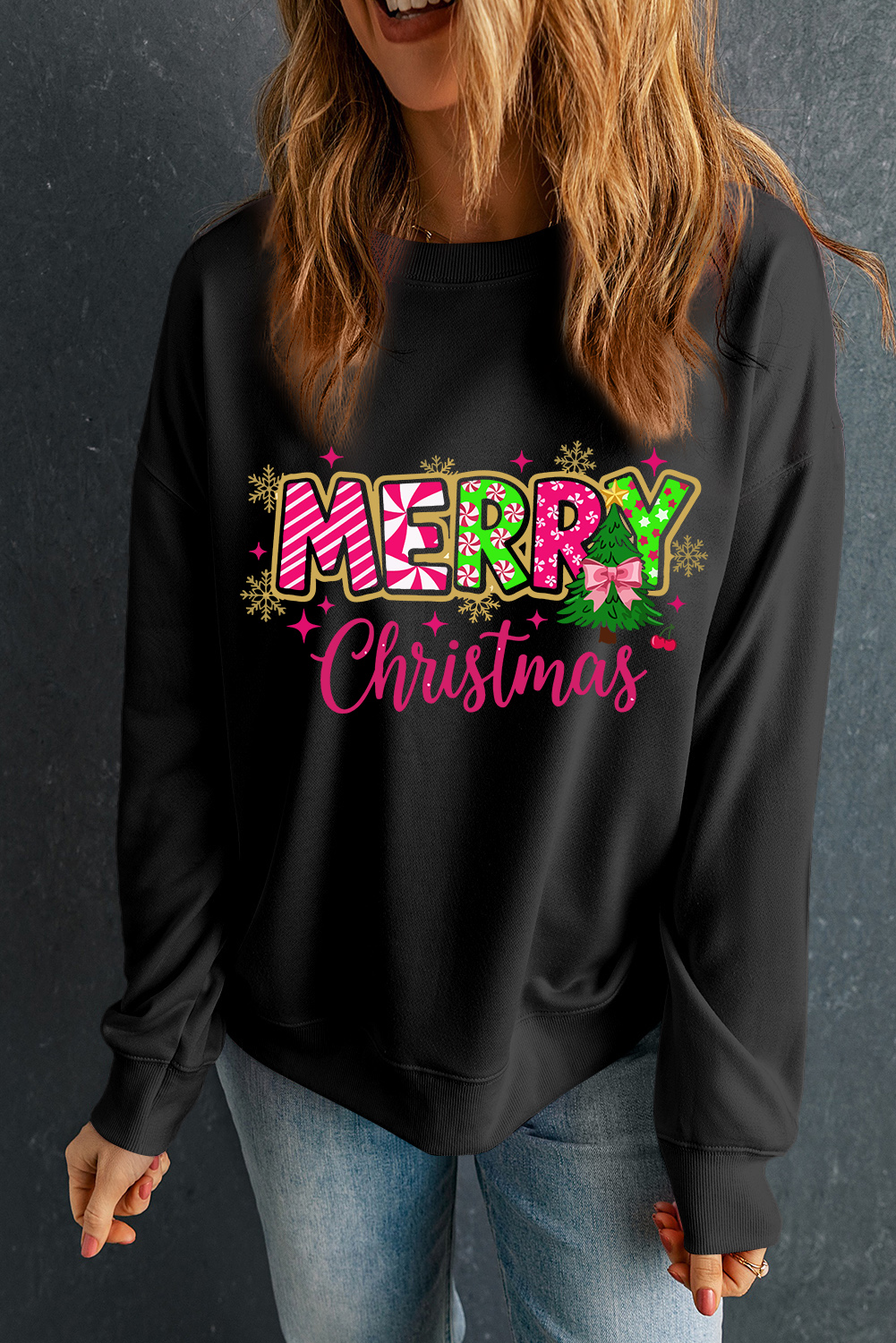 Black MERRY Christmas Playful Letter Print Drop Shoulder Sweatshirt - Image 5