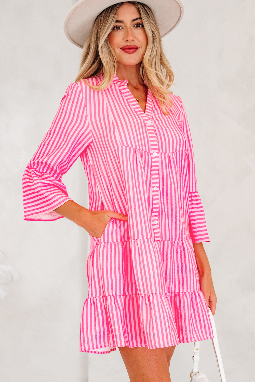 Pink Stripe Flare Sleeve Half Placket Tiered Flowy Mini Dress - Image 4