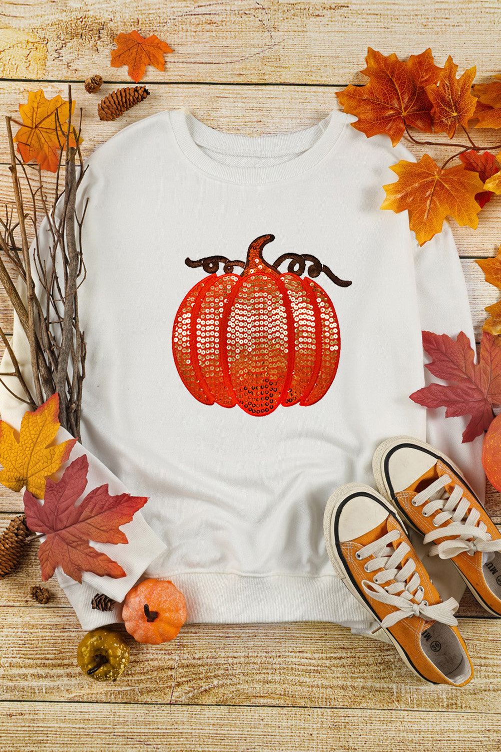 White Sequin Pumpkin Patched Casual Pullover Graphic Sweatshirt - Image 2