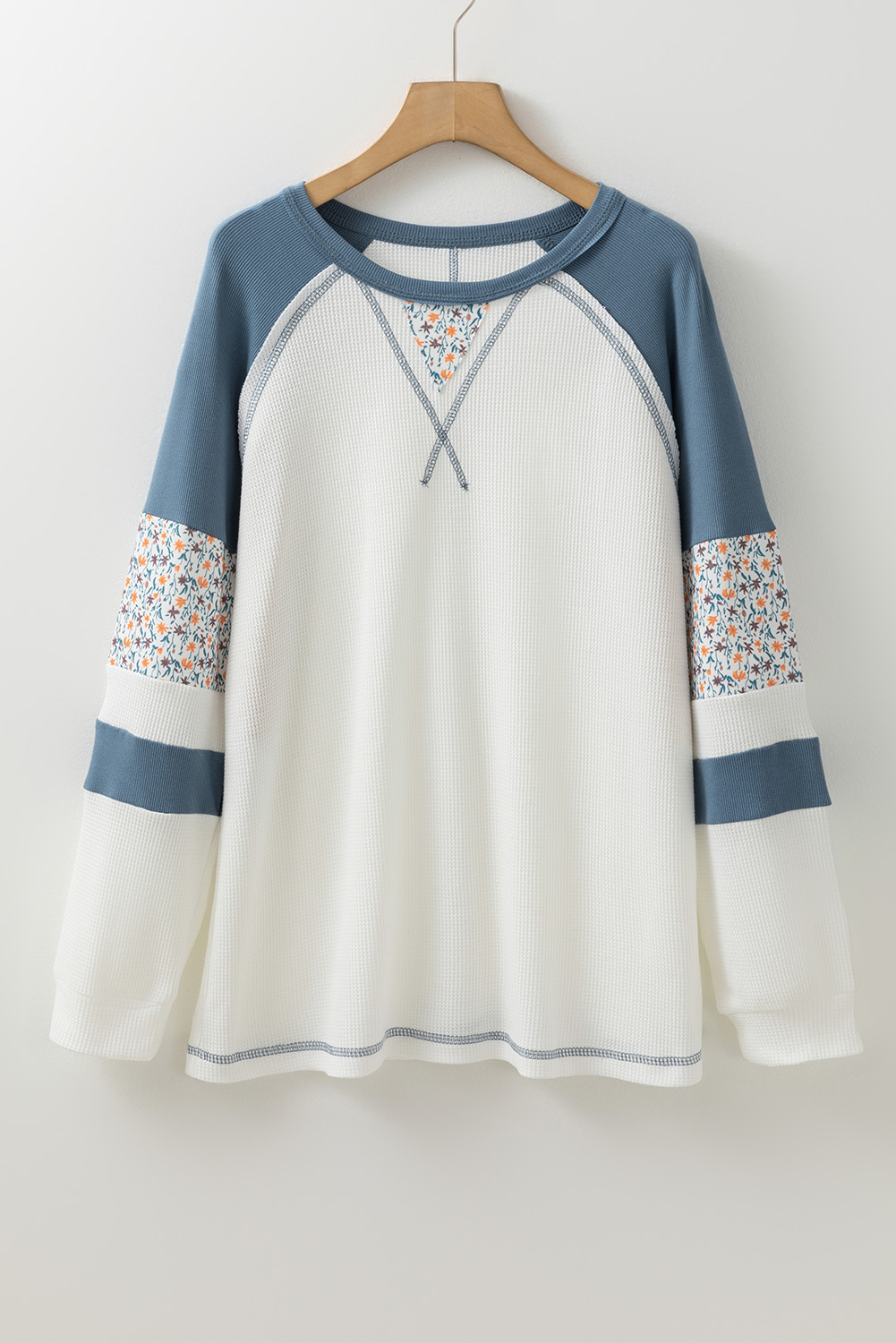 White Floral Patchwork Waffle Knit Raglan Top - Image 3