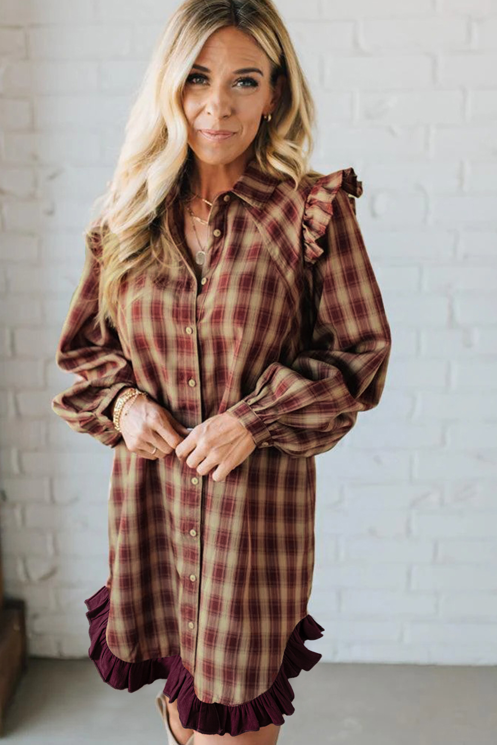 Red Plaid Print Ruffled Long Sleeve Patchwork Hem Mini Shirt Dress - Image 6