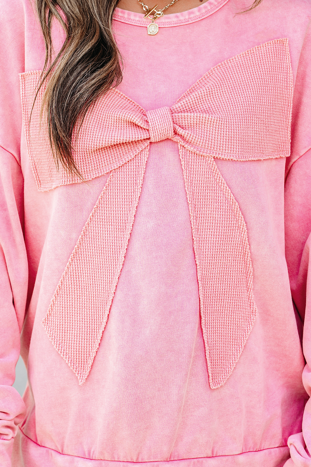 Bright Pink Mineral Wash Big Bow Patchwork Pullover Sweatshirt - Image 6