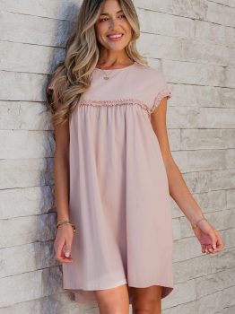 Oatmeal Frilled Trim Crew Neck Loose Fit Mini Dress