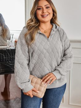 Gray Quilted Quarter Zip Plus Size Hoodie