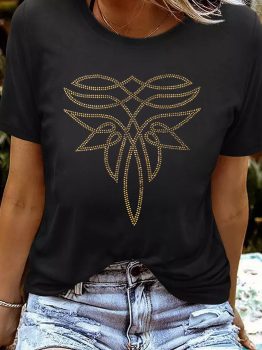 Black Rhinestone Western Pattern Cotton Blend Graphic T Shirt