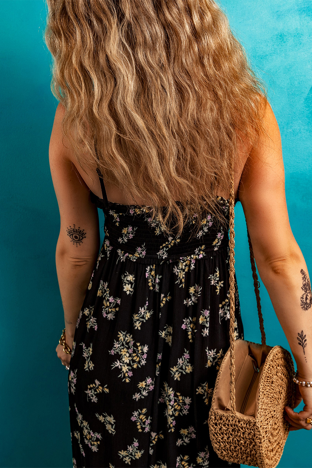 Black Floral Spaghetti Strap Shirred Bodice Tied Empire Waist Maxi Dress - Image 4