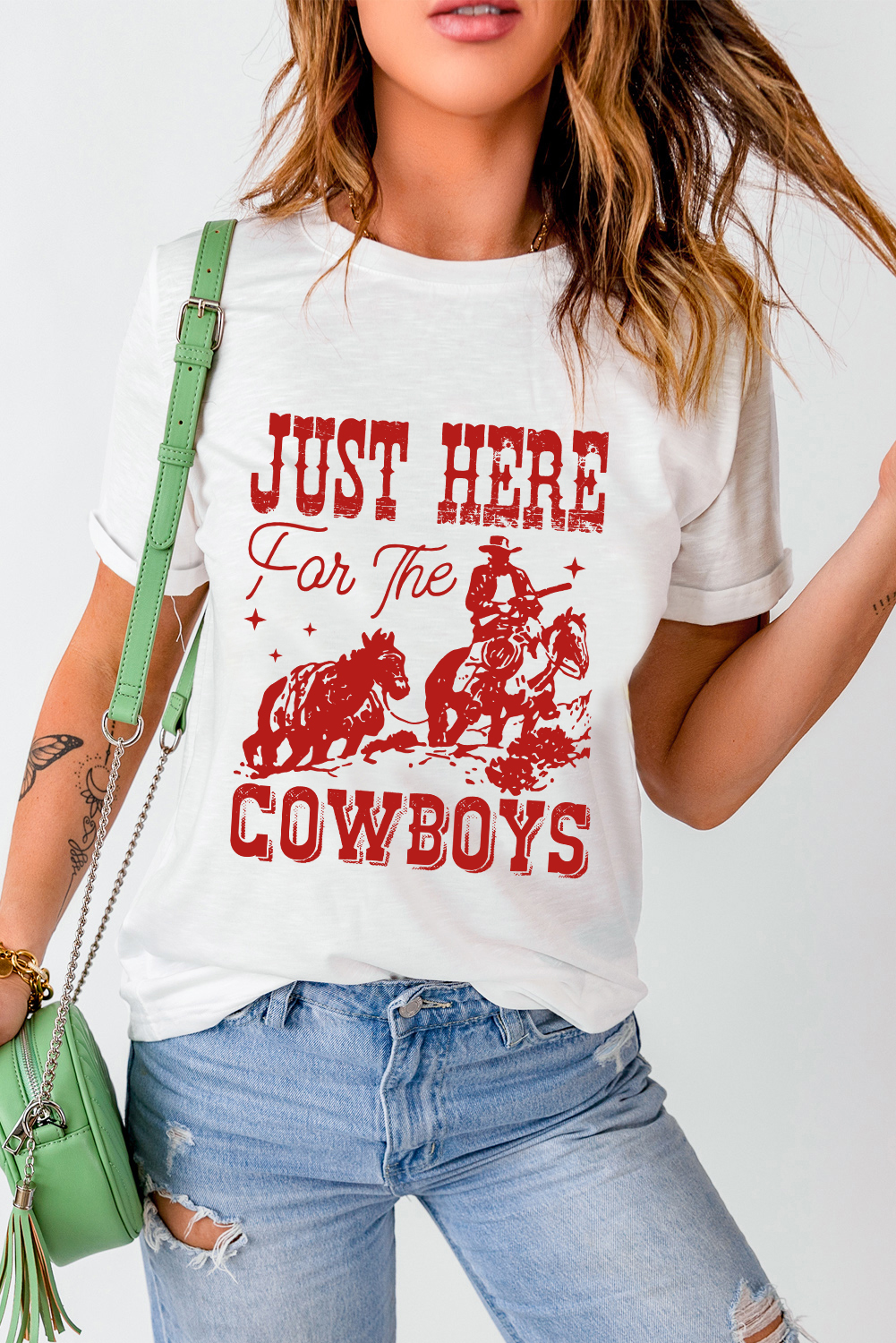 White JUST HERE For THE COWBOY Cuffed Sleeve Crew Neck T Shirt - Image 6