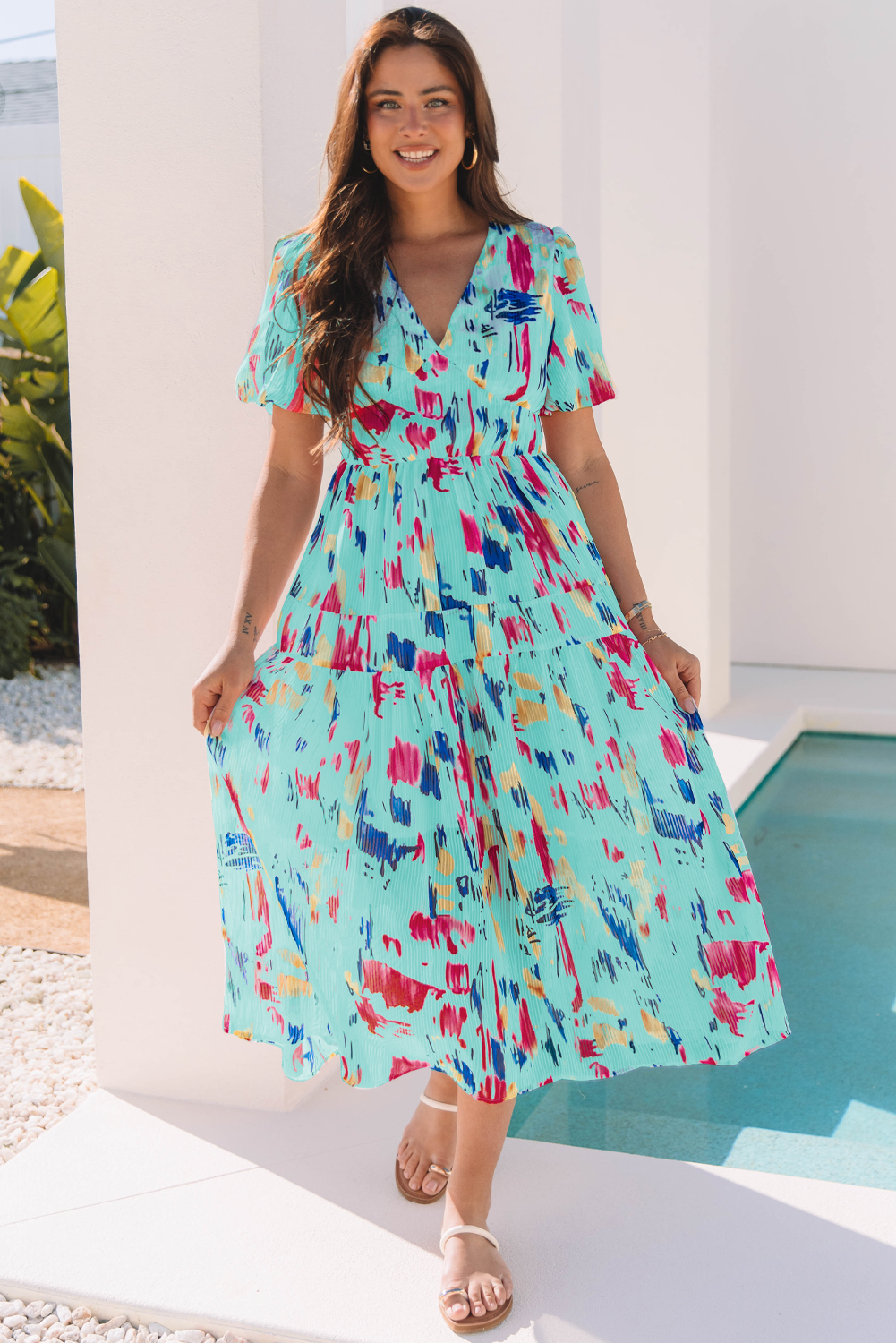 Sky Blue Abstract Print Short Puff Sleeve Tiered Maxi Dress - Image 5