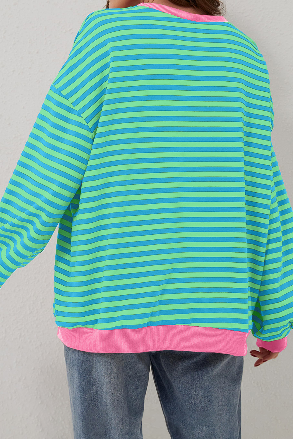 Sky Blue Stripe Oversized Contrast Trim Pullover Sweatshirt - Image 5