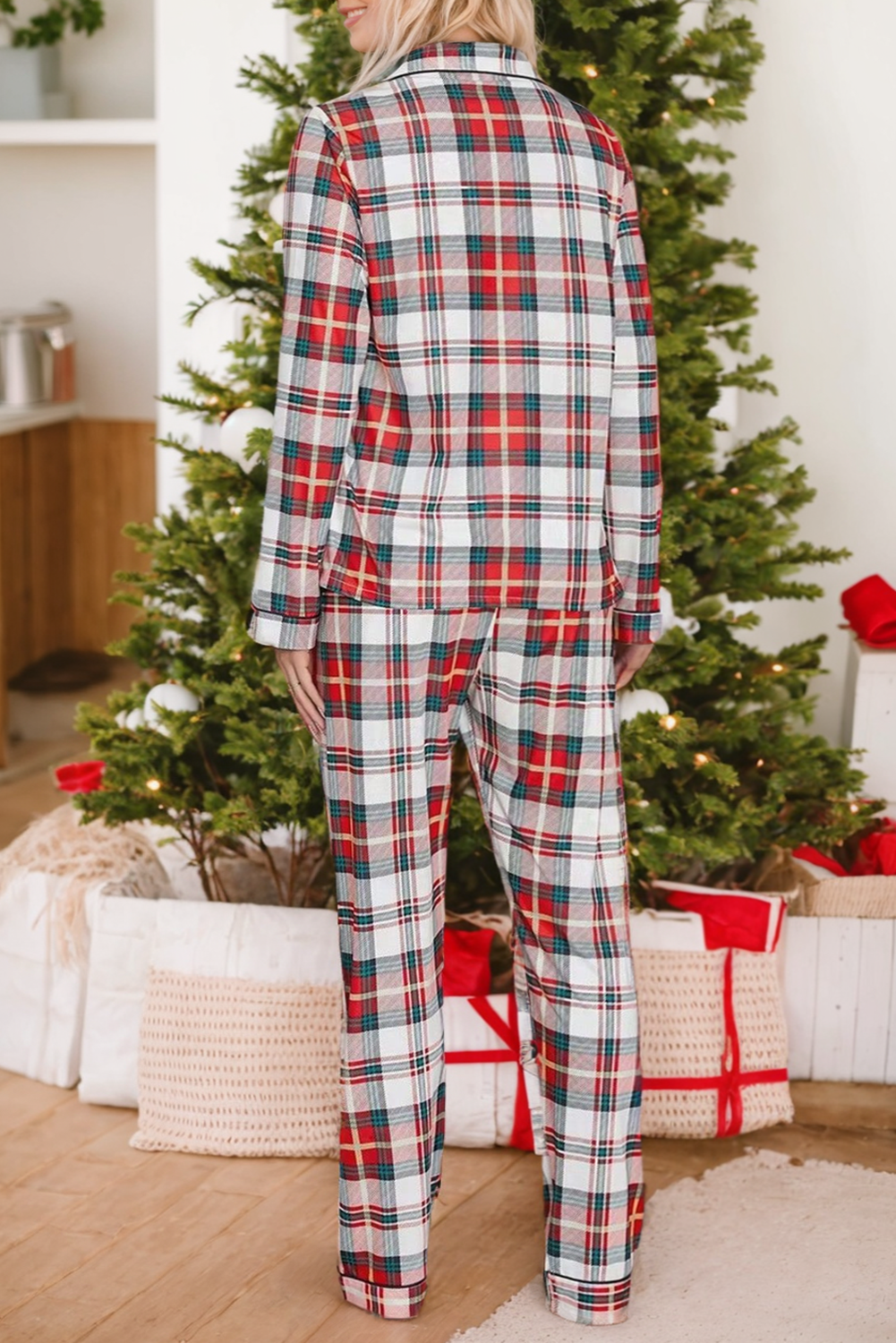 Red Christmas Plaid Print Two Piece Long Sleeve Pajamas Set - Image 2