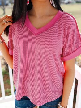 Rose Red Twisted Ribbed Knit V Neck Casual Tee