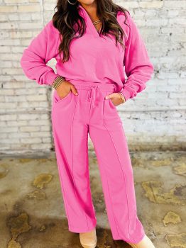 Sachet Pink Solid Color Collared Pullover and Central Seam Pants Set
