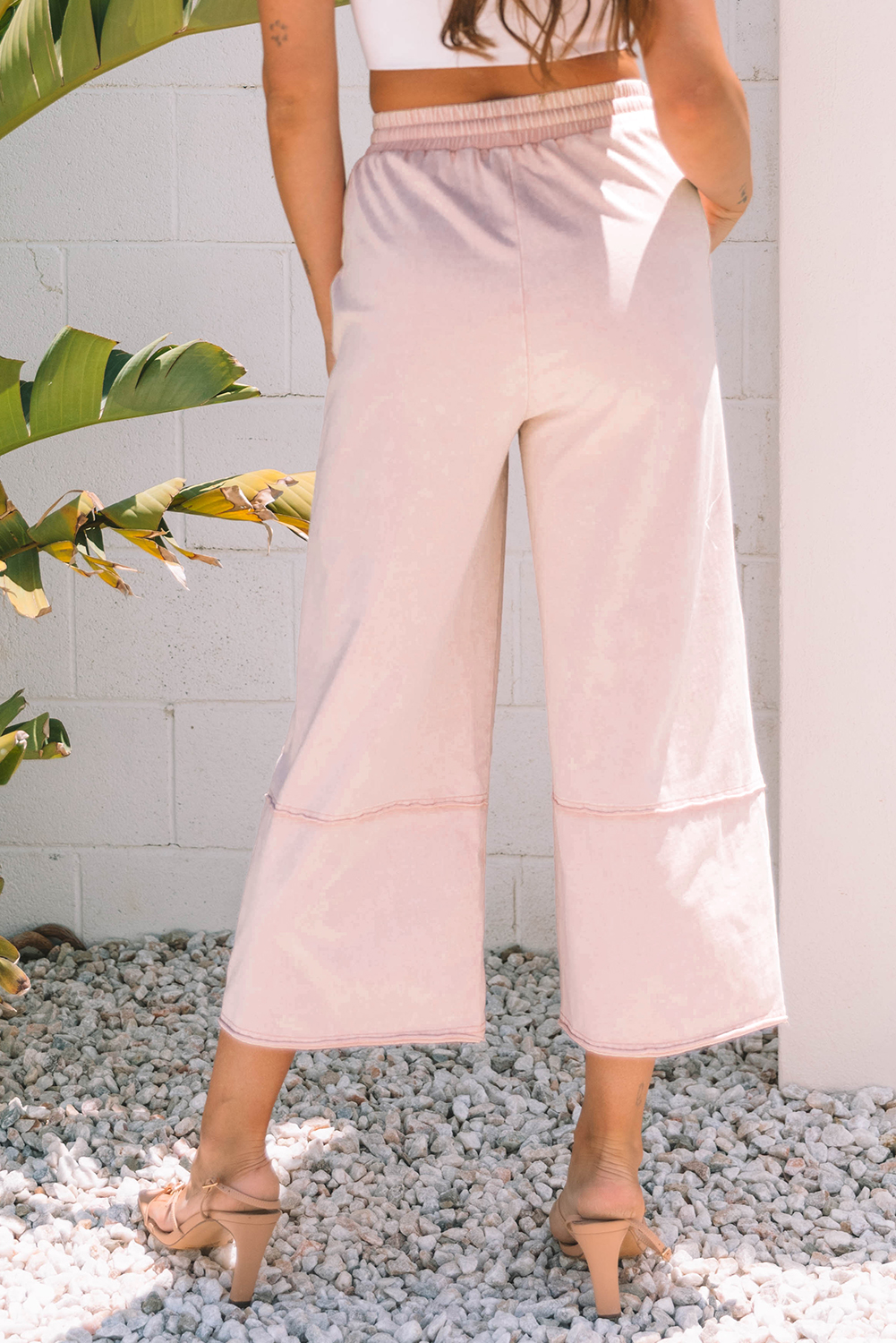 Pink Flower Patch Mineral Washed Terry Knit Cropped Wide Leg Pants - Image 2