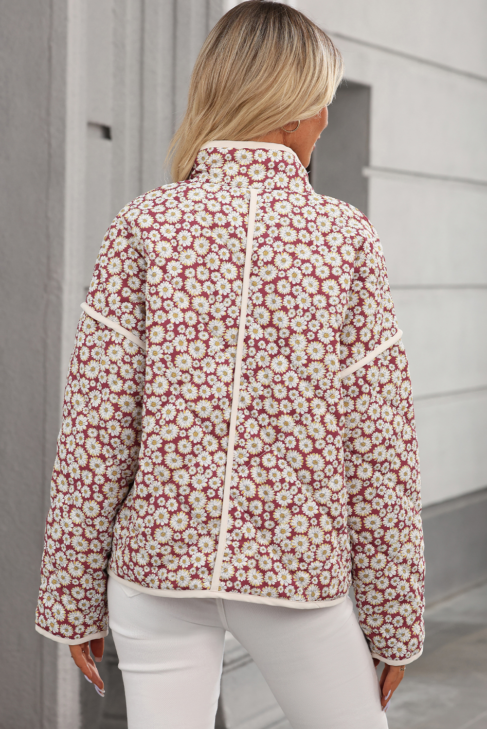 Pink Floral Print Contrast Edge Pocketed Stand Neck Jacket - Image 5