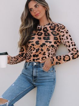 Brown Leopard Round Neck Long Sleeve Slim Top