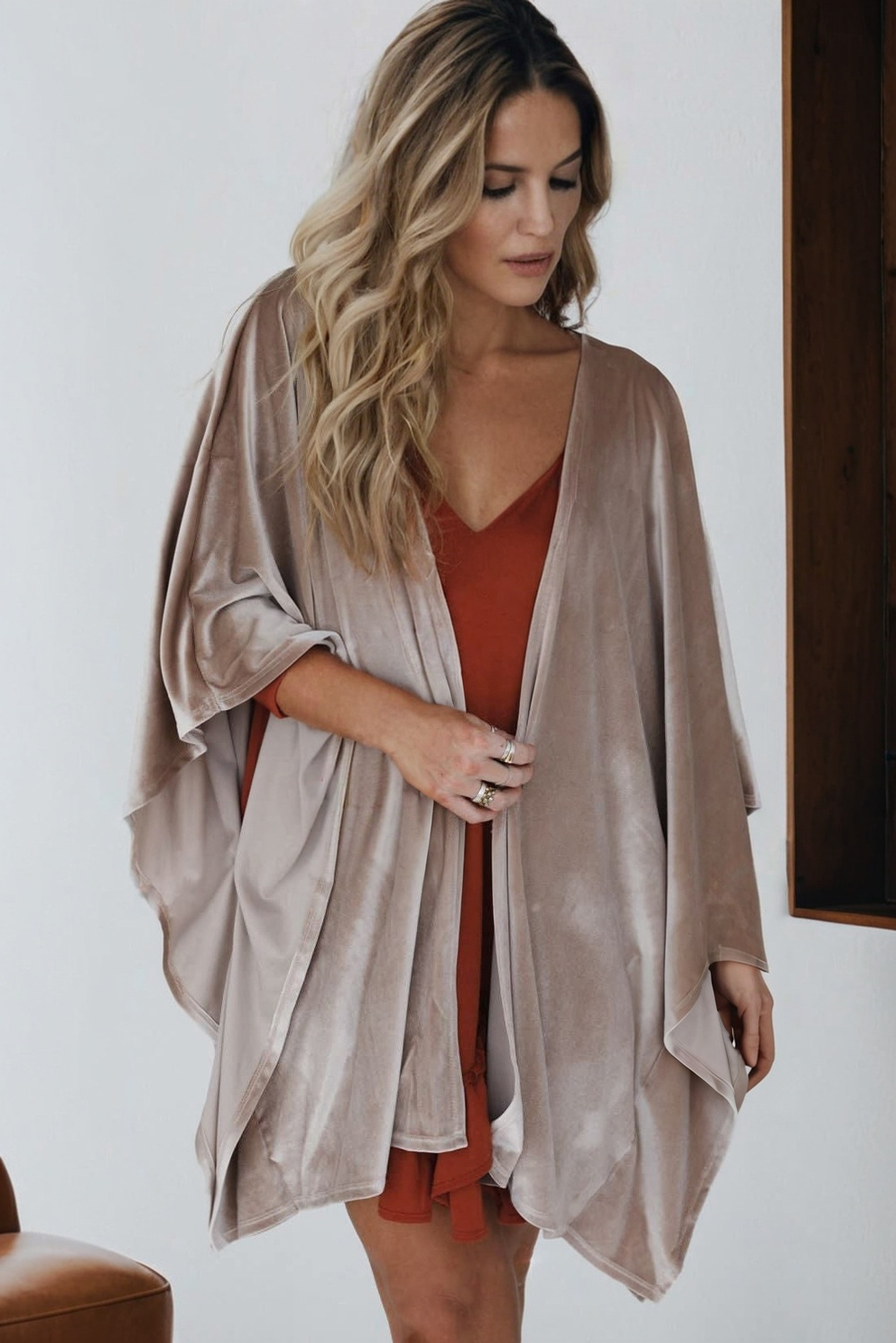 Smoke Gray 3/4 Sleeve Open Front Velvet Kimono - Image 4