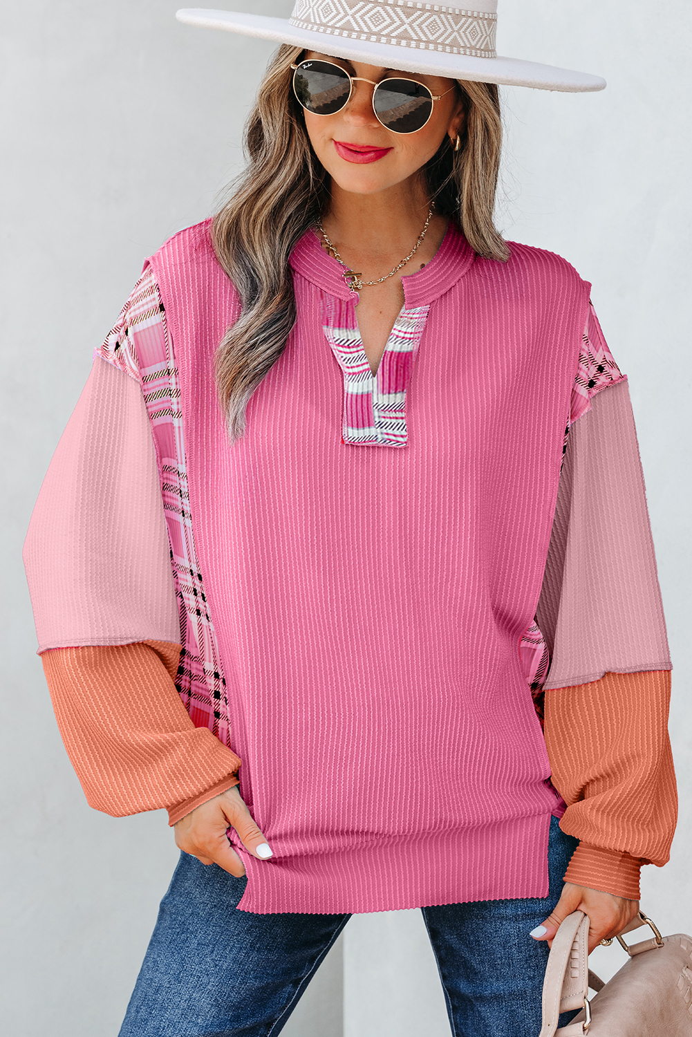 Rose Red Corded Texture Plaid Colorblock Patchwork Split Neck Long Sleeve Top - Image 9