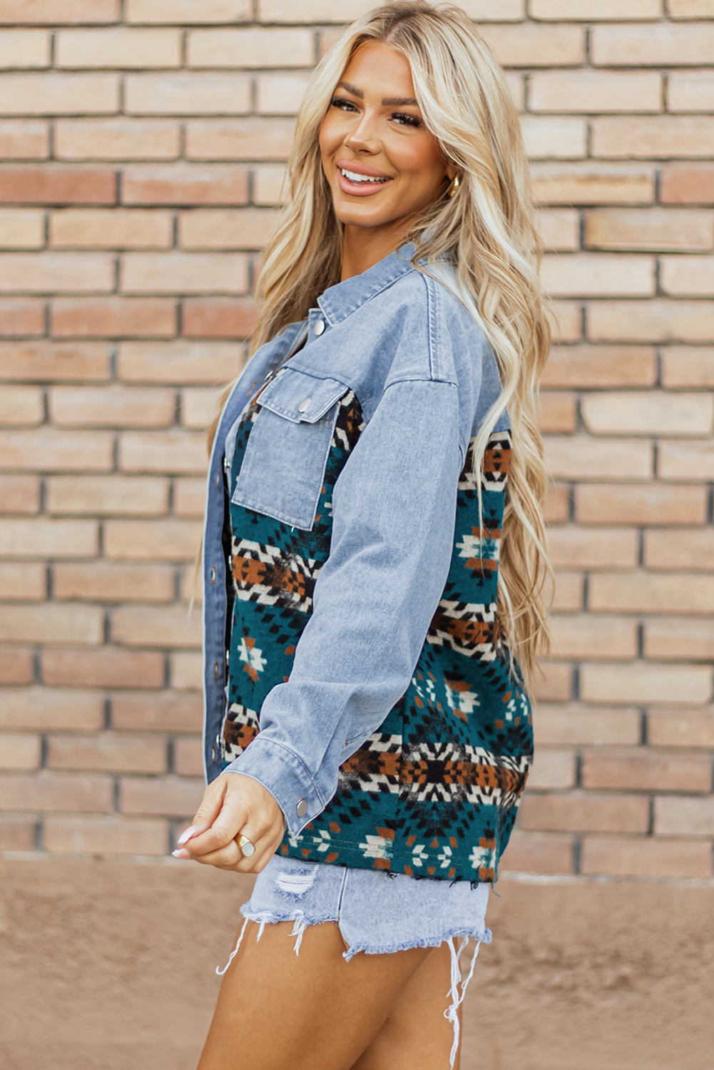 Blue Aztec Printed Denim Jacket - Image 3