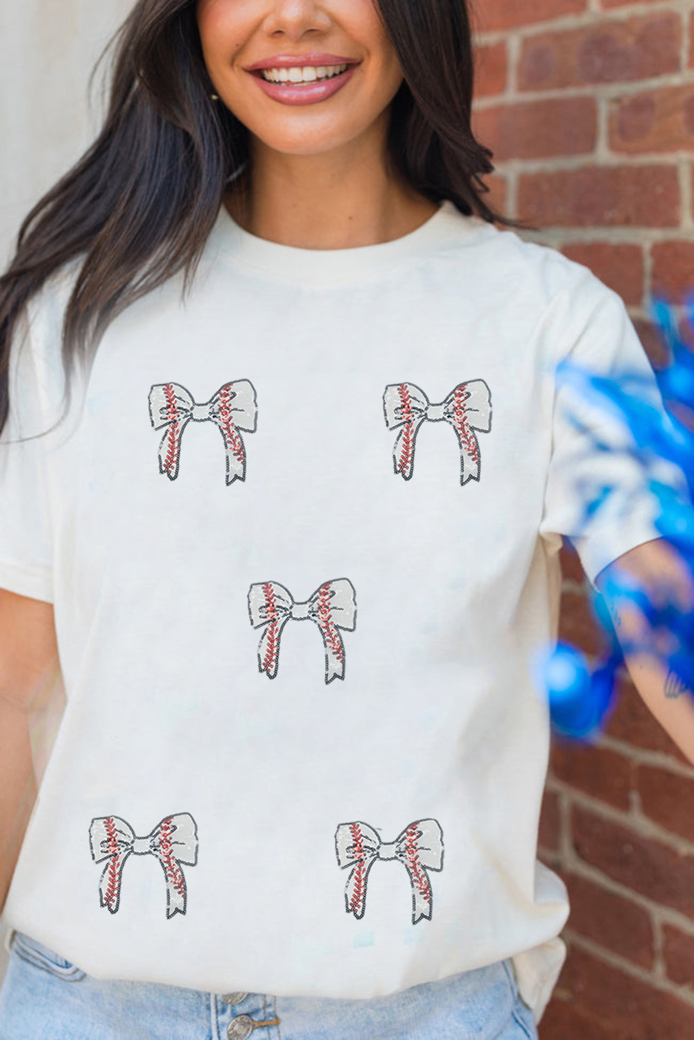 White Glitter Baseball Bow Patched Cotton Blend T Shirt - Image 3