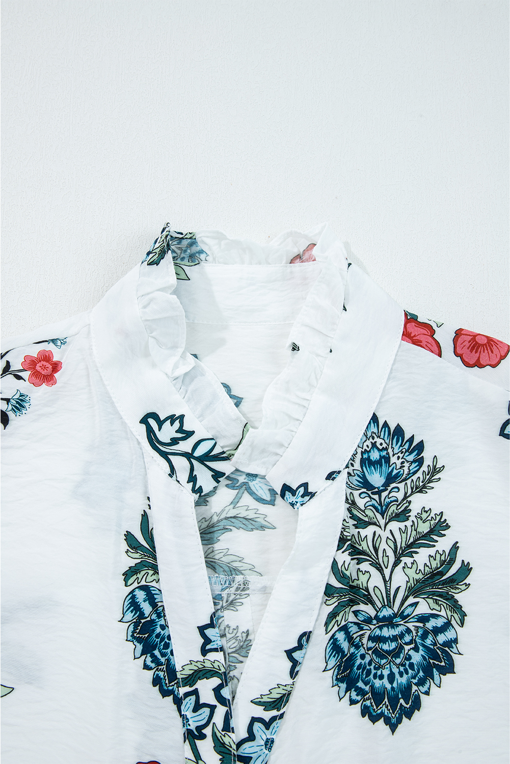 White Floral Print Frilled Collar V Neck Button Down Long Sleeve Shirt - Image 5