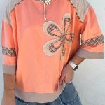 Grapefruit Orange Plaid Waffle Flower Patchwork Bracelet Sleeve Top