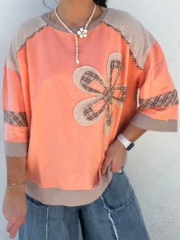 Grapefruit Orange Plaid Waffle Flower Patchwork Bracelet Sleeve Top