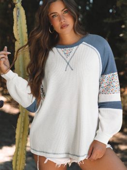 White Floral Patchwork Waffle Knit Raglan Top
