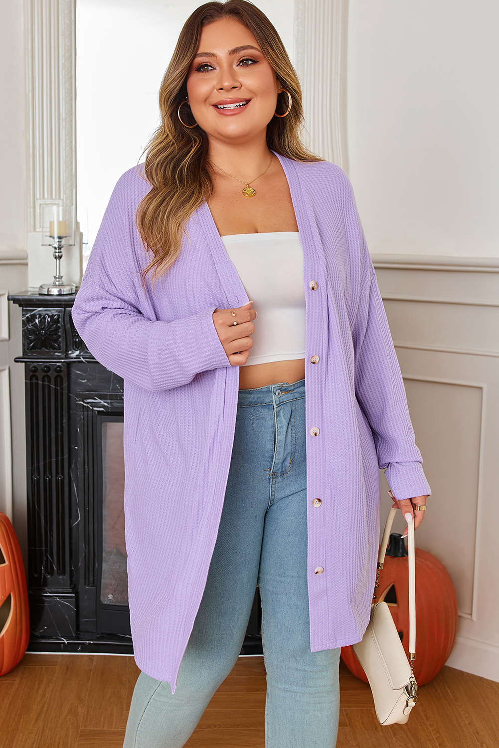Orchid Petal Plus Size Waffle Knit Button Front Cardigan - Image 3