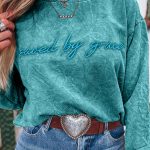 Sea Green saved by grace Letter Embroidery Mineral Wash Loose Sweatshirt