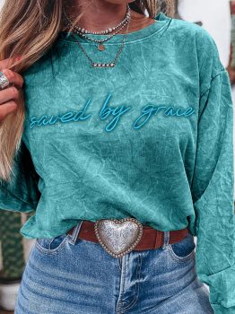 Sea Green saved by grace Letter Embroidery Mineral Wash Loose Sweatshirt