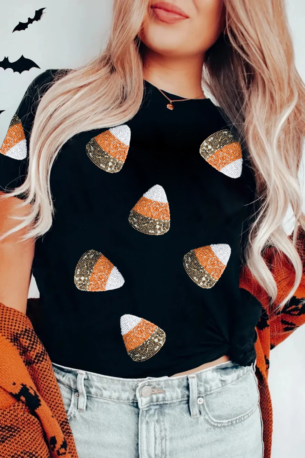 Black Sequin Candy Patched Pattern Halloween T Shirt - Image 3