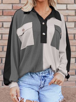 Gray Colorblock Ribbed Collared Oversized Sweatshirt