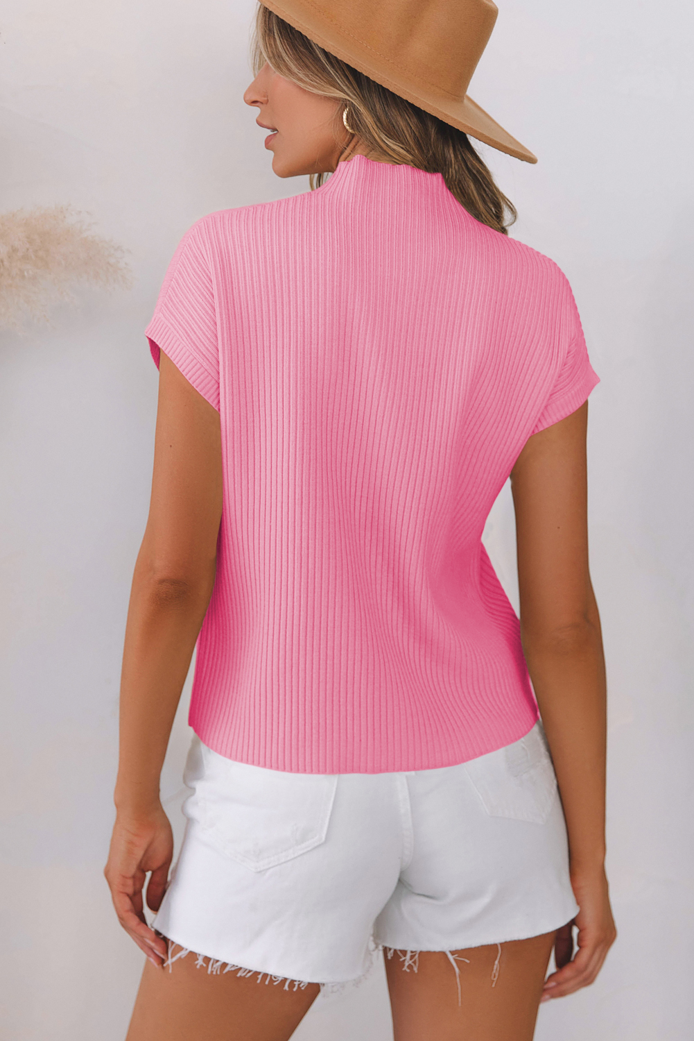Pink Patch Pocket Ribbed Knit Short Sleeve Sweater - Image 5
