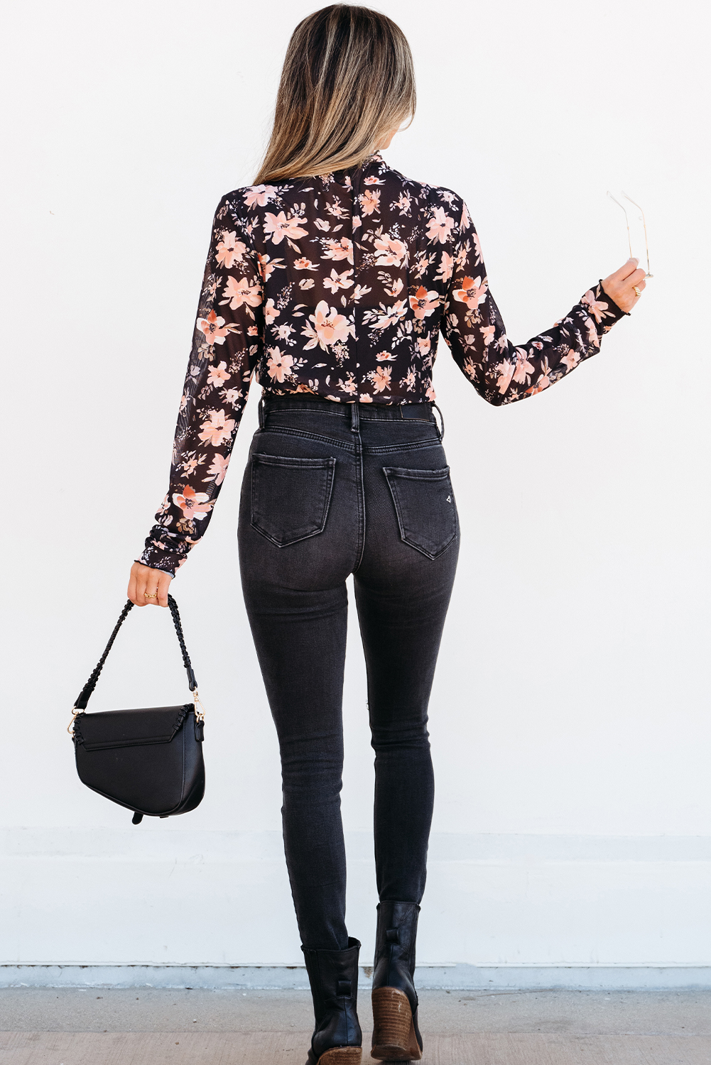 Black Floral Mesh Mock Neck Long Sleeve Slim Fit Top - Image 2