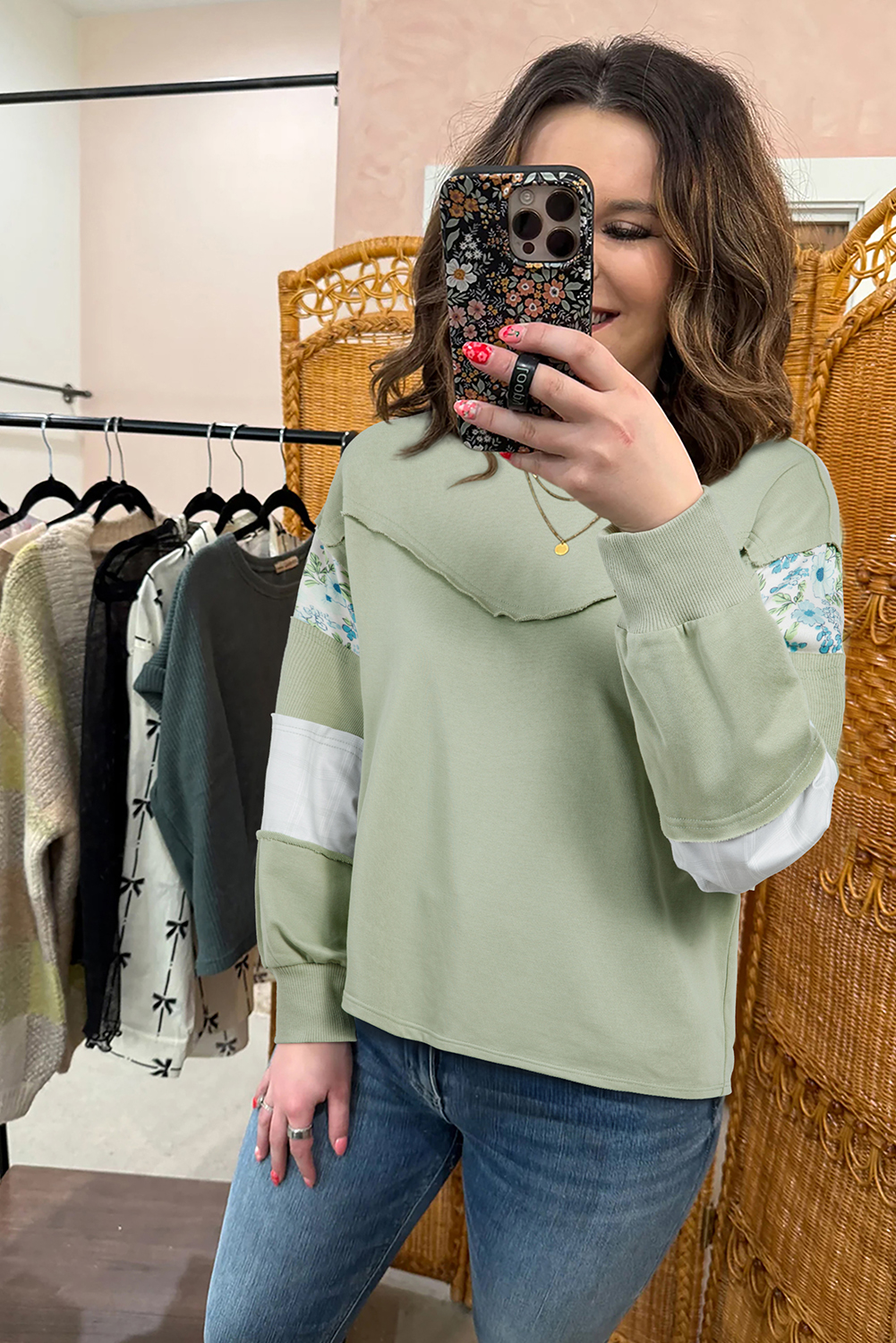 Laurel Green Floral Plaid Mixed Sleeve Raw Edge Relaxed French Terry Top - Image 2