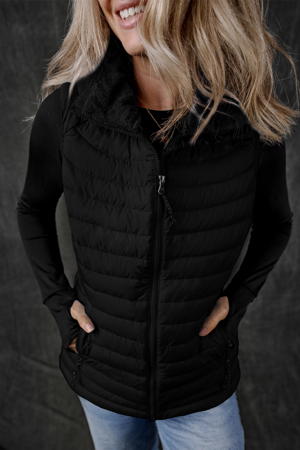 Black Plush Collared Quilted Zipped Puffer Vest - Image 6