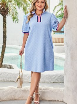 Beau Blue Contrast Striped Trim Zipped Stand Collar Textured Puff Sleeve Plus Size T Shirt Dress