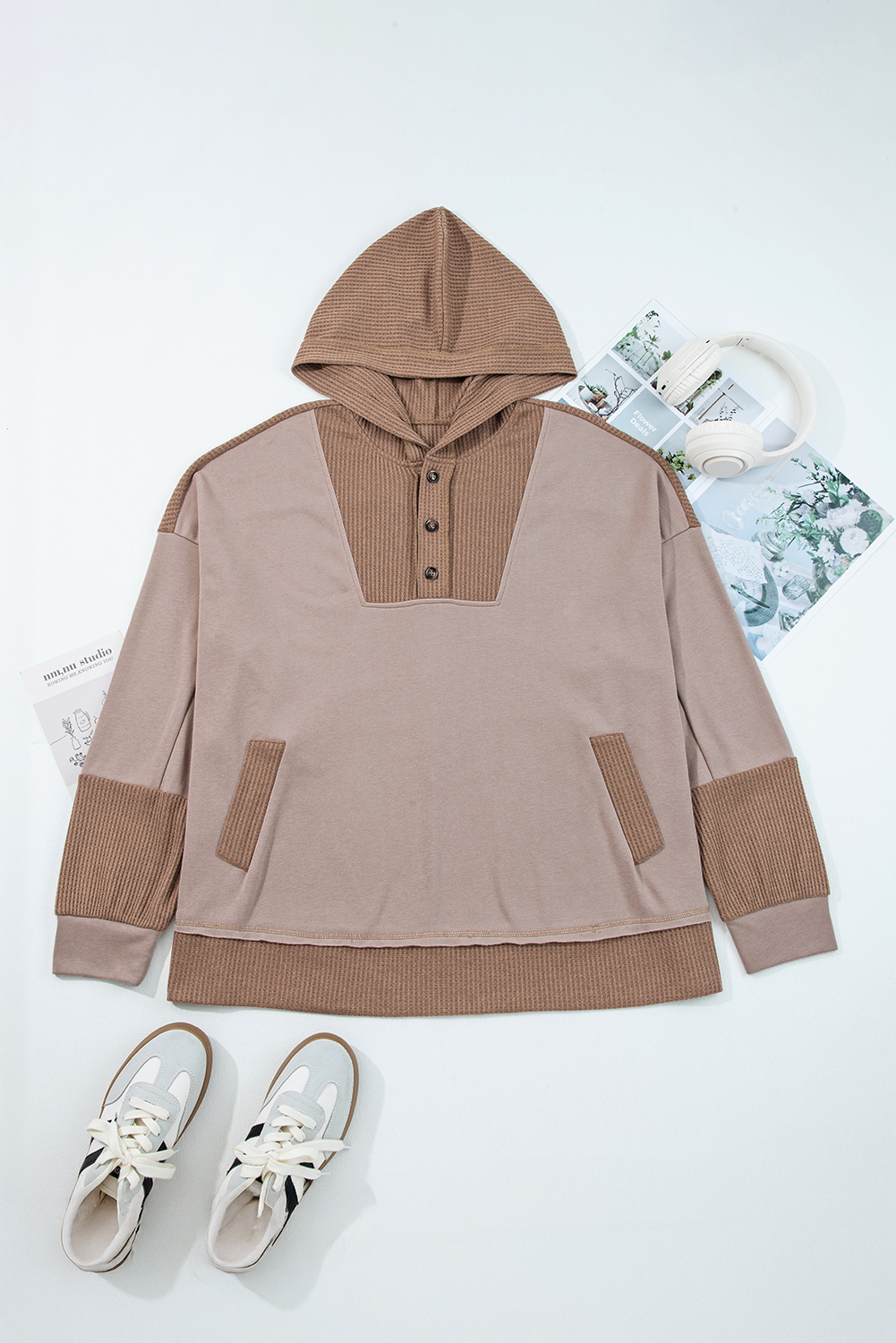 Goat Waffle Contrast Patchwork Plus Size Pocketed Hoodie - Image 8