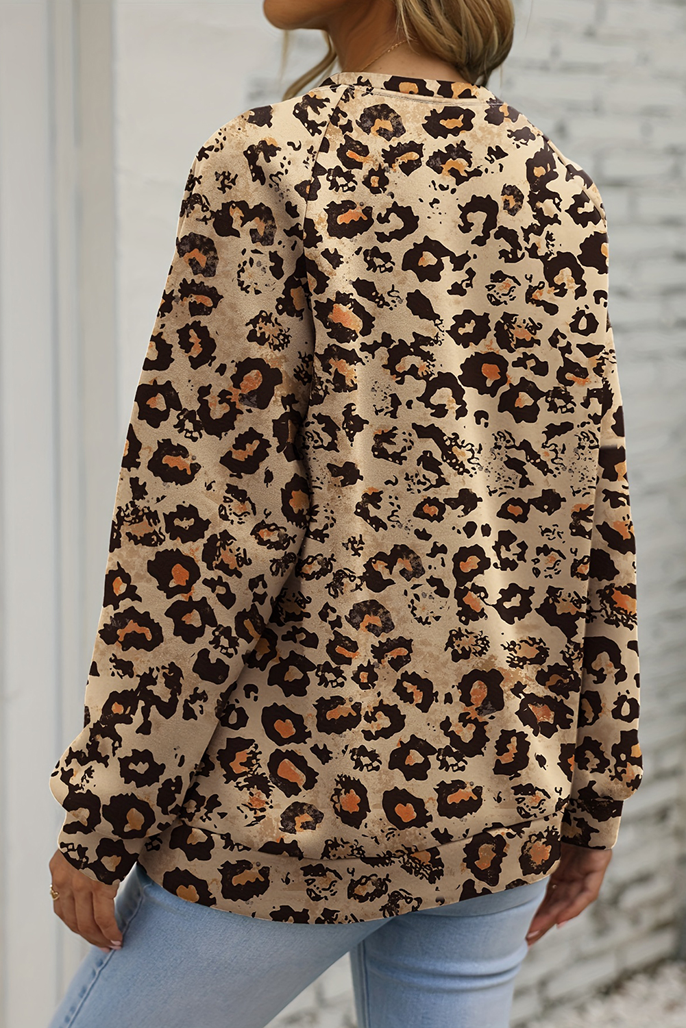 Brown Leopard Bleached Raglan Sleeve Pullover Sweatshirt - Image 2