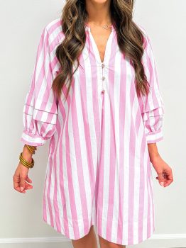 Rose Stripe Bracelet Sleeve Buttons Loose Mini Dress