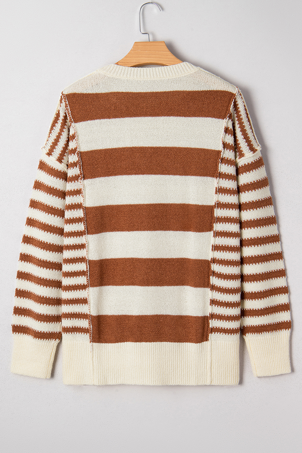 Brown Stripe Drop Shoulder Sleeve Patchwork Baggy Sweater - Image 6
