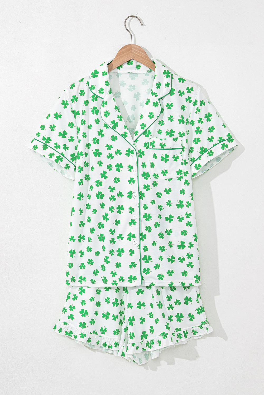 Green Clover Printed Short Sleeve and Ruffled Shorts Pajama Set - Image 3