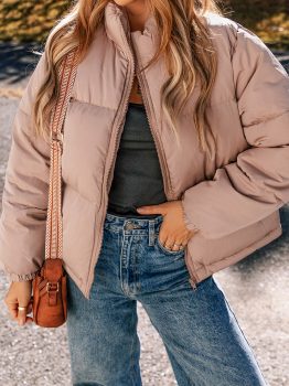 Apricot Pink Full Zipper Quilted Puffer Jacket