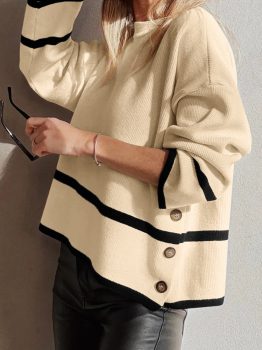 Beige Ribbed Knit Contrasted Stripe Detail Button Side Loose Sweater