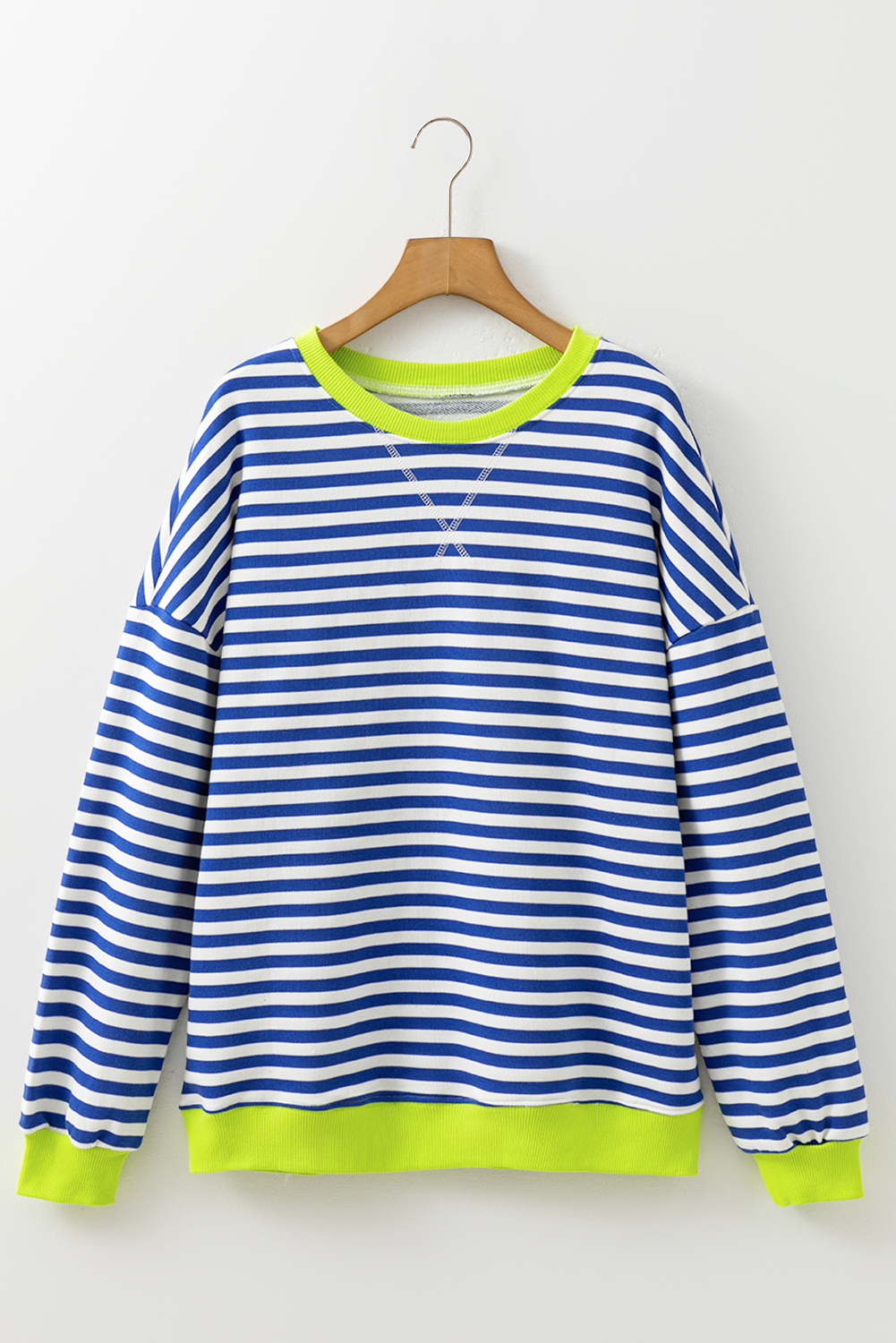 Sky Blue Stripe Striped Contrast Ribbed Trim Crossed Stitch Drop Shoulder Sweatshirt - Image 7